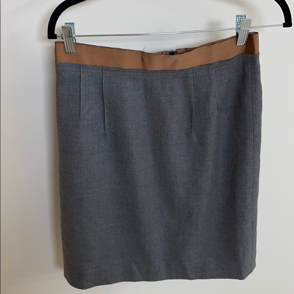 Gray wool skirt with brown ribbon trim